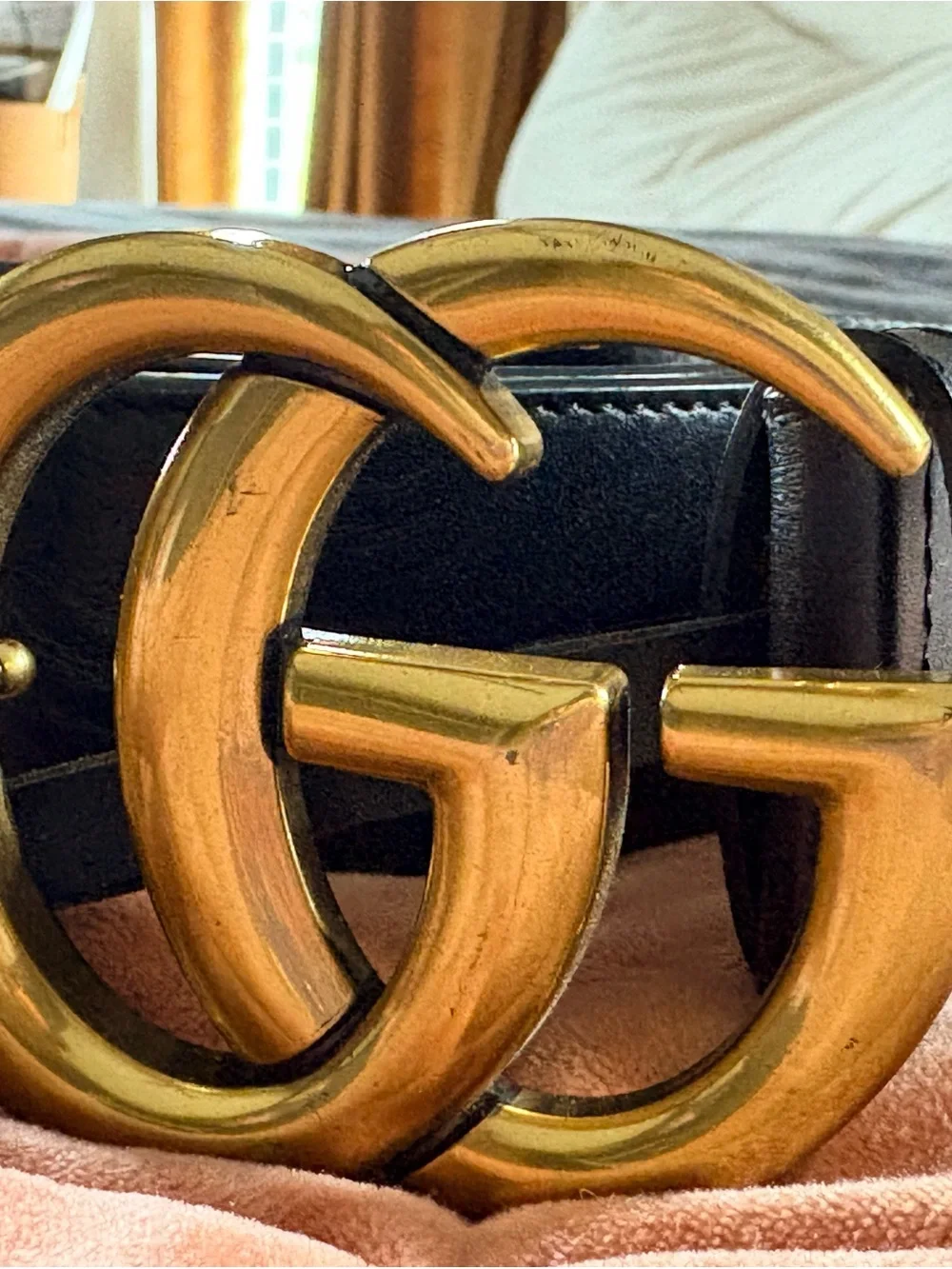 Black Leather Belt with Gold Double-G Style Buckle